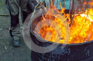 Close up of outdoor fire by burning branches in oil barrel.