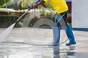 Close up Outdoor floor cleaning with high pressure water jet