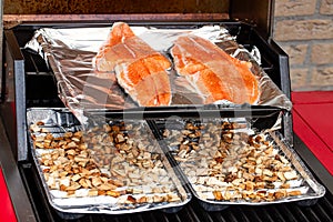 Close-up of an outdoor kitchen with an open flap showing fresh wild salmon steaks to be smoked