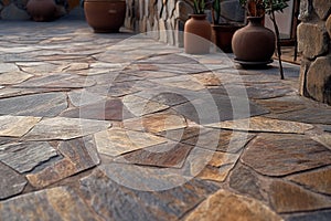 A close-up of an outdoor stone pathway with irregularly porphyry slabs, multicolored stones