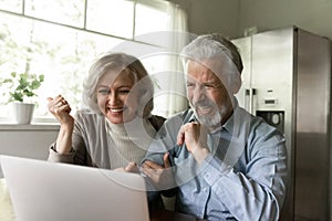 Close up overjoyed mature spouses looking at laptop screen