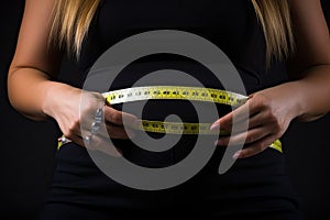 Close up of overweight woman measuring her waist with a yellow measuring tape, Woman measuring her waist with a tape measure on a