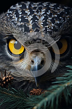 a close up of an owl with bright yellow eyes
