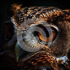 Close up of an owl with orange eyes