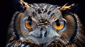 A close up of an owl with orange eyes and a black background, AI