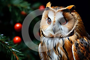 Close-Up of Owl Perched on Rustic Pine Tree Branch with Pine Cones in Natural Wilderness Setting