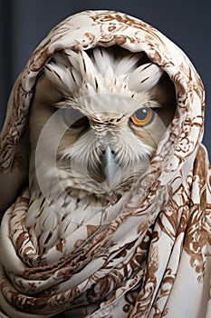 A close up of an owl wearing a scarf.