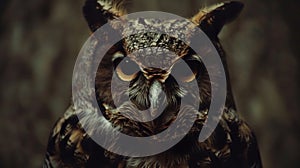 A close up of an owl with yellow eyes and a dark background, AI