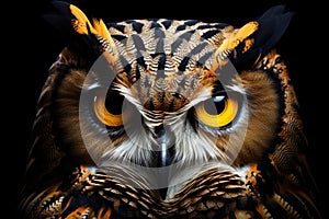 Close up of owl with yellow eyes and feathers. Generative AI