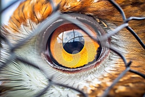 close-up of an owls eye beyond the cage bars