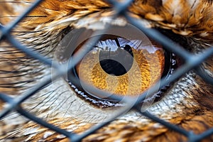 close-up of an owls eye beyond the cage bars