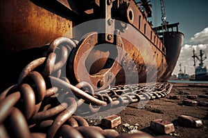 Close up of oxide old chains on sea harbor