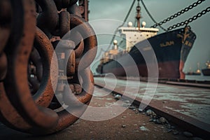 Close up of oxide old chains on sea harbor