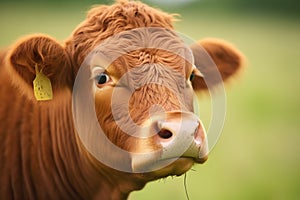 close-up of an oxs face, yoke visible, against a green pasture
