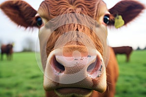 close-up of an oxs face, yoke visible, against a green pasture