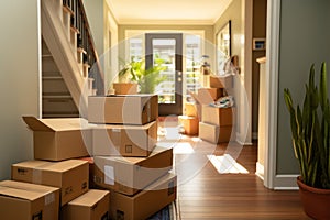 Close up of packed moving boxes in a residential hallway