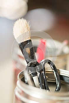 Close-up of Paint Brush and Scissors in Open Canister