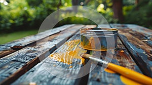 Close up of paint can and brush on wooden table