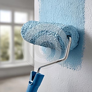 Close-up of a paint roller applying blue paint on a wall.