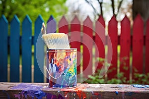 close-up of paintbrush and paint can near fence