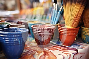 close-up of paintbrushes and colorful glazes on pottery table