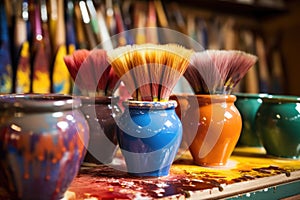 close-up of paintbrushes and colorful glazes on pottery table