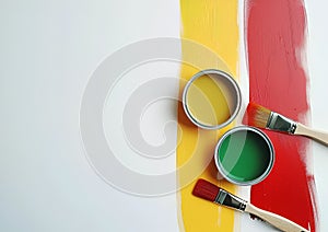 Close-up of paintbrushes and paint cans