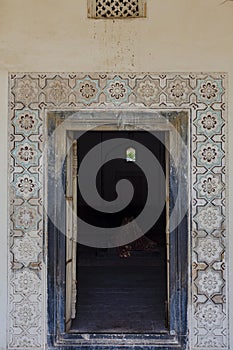 Close up of the painted floral motifs at the entrance of the Qutub Shahi Tombs in Hyderbad, Telangana, India