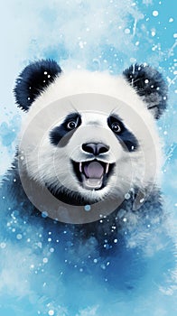 Close-up of a painted panda. The emotion of surprise. Isolated on blue background. Generative AI