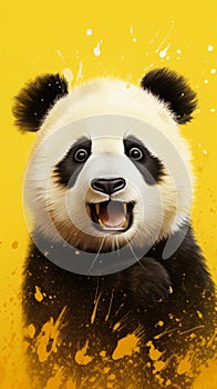 Close-up of a painted panda. The emotion of surprise. Isolated on yellow background. Generative AI