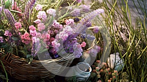 close-up painting bunch lavender flowers with wicker basket,generated with AI.