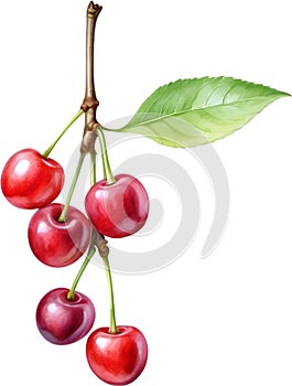 Close-up painting of cherry berry (Prunus avium). AI-Generated.