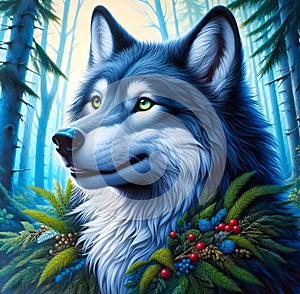 Close-up painting showcasing a majestic Wolf with an eye-catching red and blue tail, all set within a tranquil forest environment.