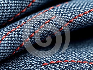 A close up of a pair of blue jeans with red stitching