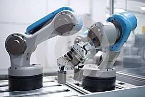 close-up of pair of cobots working side by side, performing repetitive tasks in factory photo