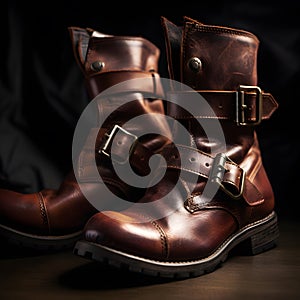 close-up of a pair of leather boots with buckles three generative AI