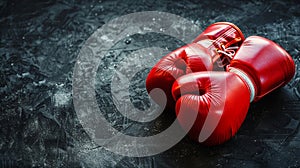 A close up of a pair of red boxing gloves against a dark background, suggesting sports training, Ai Generated