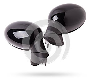 Close-up on a pair of side mirrors from a minibus with turn signal repeaters for repair and replacement after an accident in a