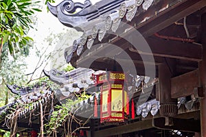 Close-up of palace lanterns hanging on traditional Chinese style ancient buildings