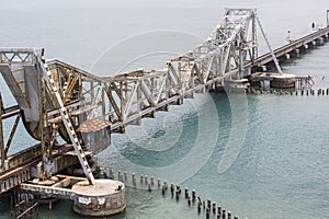 Close up of Pamban Bridge is a railway bridge which connects the town of Rameswaram on Pamban Island to mainland India. Opened on