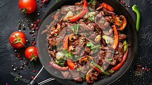Close-up of a pan with assorted meat and vegetables