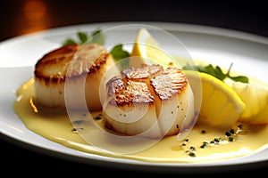 Close up of pan seared diver scallops with lemon beurre blanc, created with Generative AI technology.