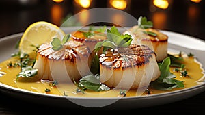 Close up of pan seared diver scallops with lemon beurre blanc. Generative AI