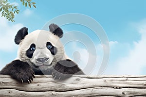 Close up Panda bear portrait on blue sky background. Panda on the nature. Zoo, Wildlife, Banner. Panda concept