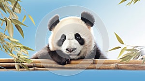 Close up Panda bear portrait on blue sky background. Panda on the nature. Zoo, Wildlife, Banner. Panda concept