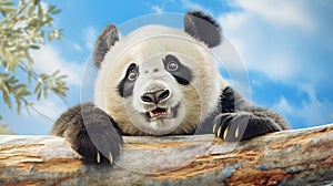 Close up Panda bear portrait on blue sky background. Panda on the nature. Zoo, Wildlife, Banner. Panda concept