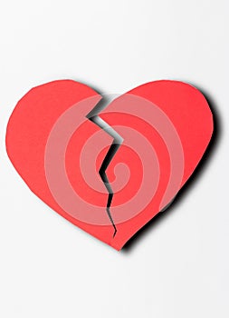 Close up paper broken heart on white background