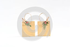 Close up paper brown bag with wooden clip with green leaf of pines and branche of small red fruit in white background isolated ,