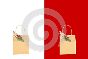 Close up paper brown bag with wooden clip with green leaf of pines and branche of small red fruit in white background isolated and