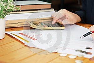 Close up paper of school tuition fees on wooden table